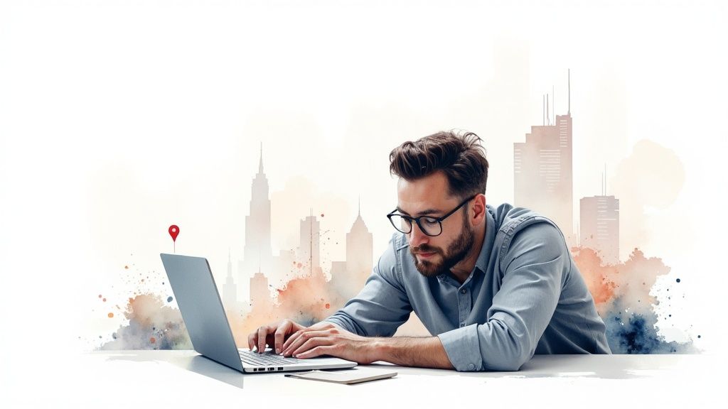 A team of professionals collaborating around a computer, discussing SEO strategy.