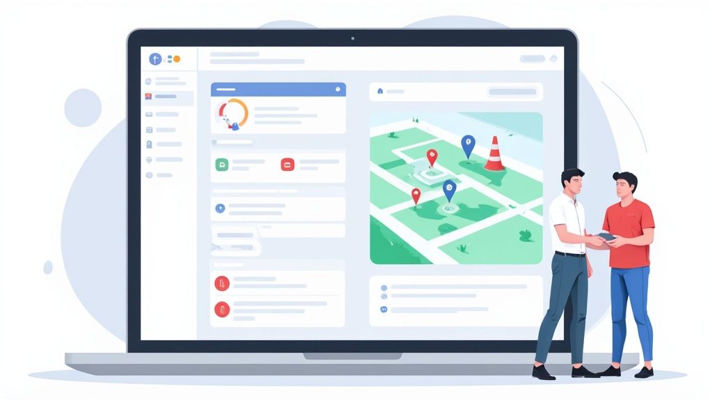 Two professionals reviewing workplace safety data with location markers on digital map interface
