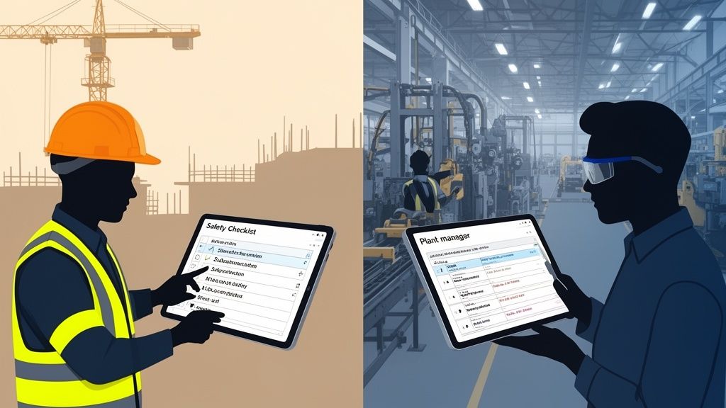 Two workers, one at a construction site and one in a factory, using tablets for digital work management.