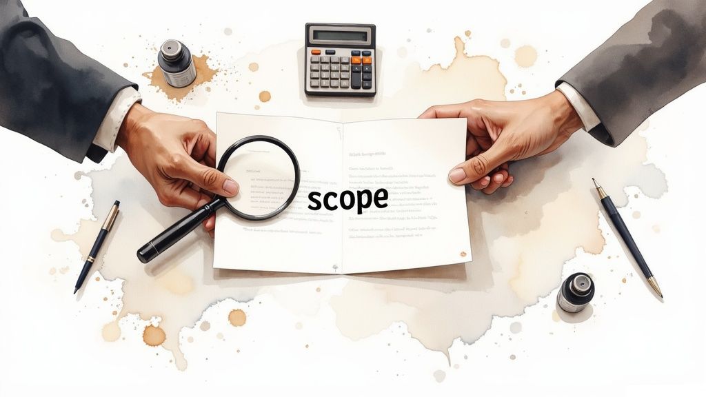 Two hands in business suits examining a document with a magnifying glass, suggesting a detailed review.