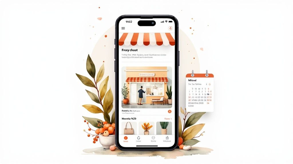 A smartphone displays an e-commerce app interface with a store, products, and a calendar, surrounded by watercolor autumn leaves.