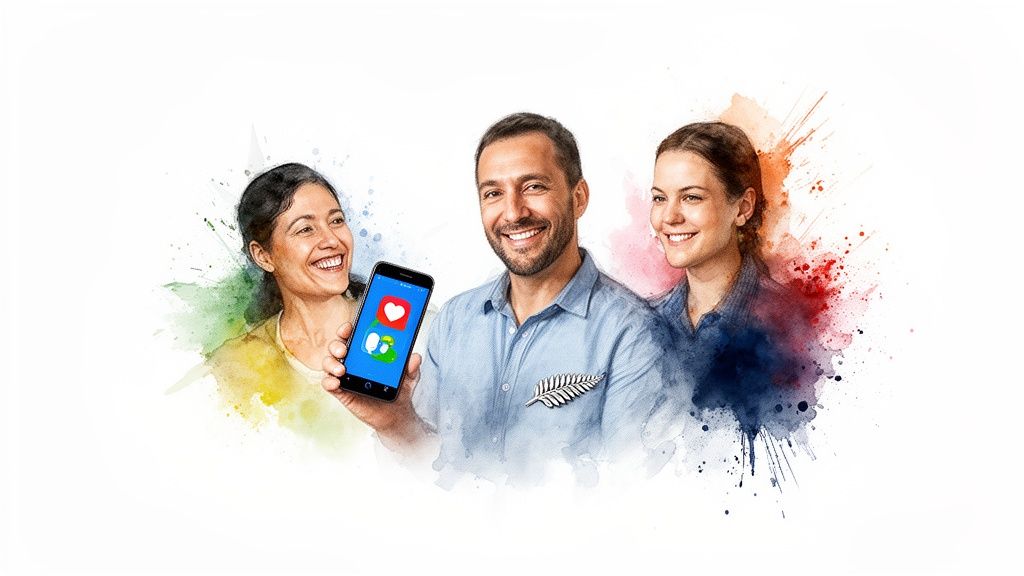 Three smiling people with colorful watercolor effects, a man holding a phone displaying health app icons.