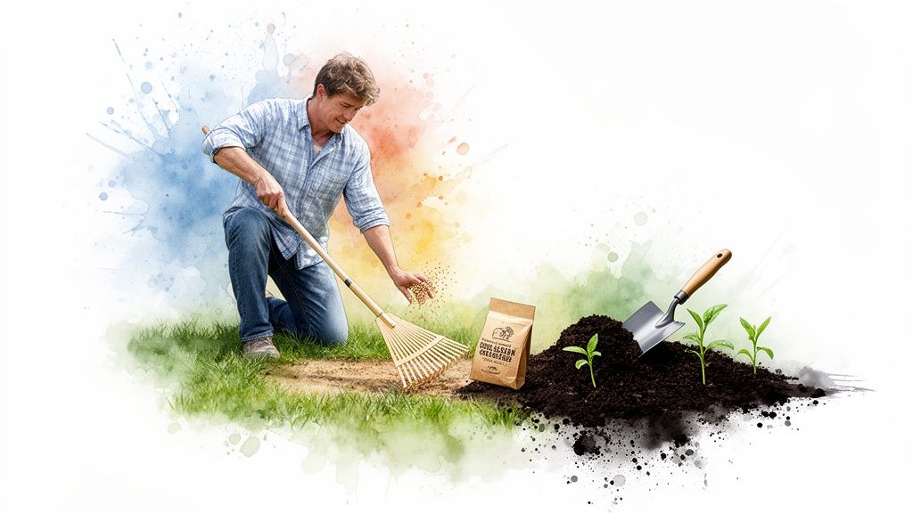 A man planting seeds with a rake in a garden, surrounded by plants, soil, and tools.
