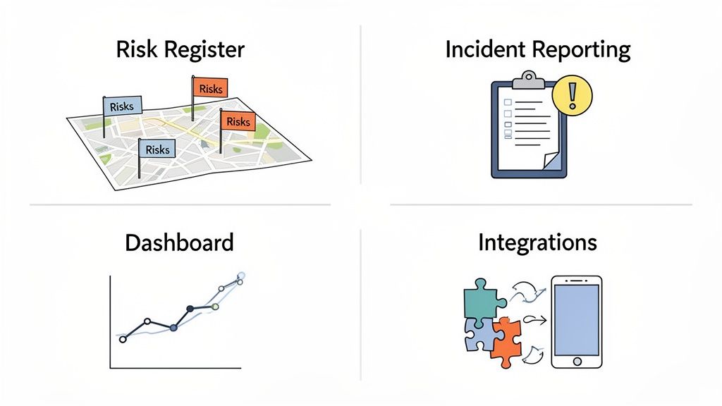 Illustration of enterprise risk management software capabilities including risk register, incident reporting, data dashboard, and integrations.