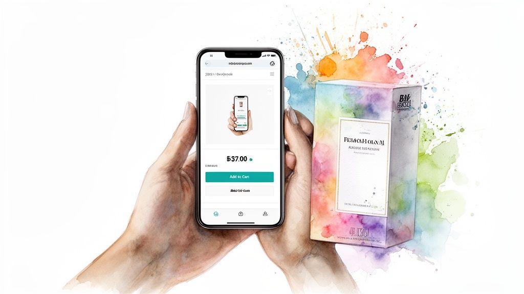 Hands holding a smartphone displaying an online store next to a watercolor-designed product box.