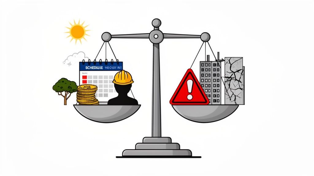 Balance scale illustrating construction risk management: resources vs. hazards and damaged structures.