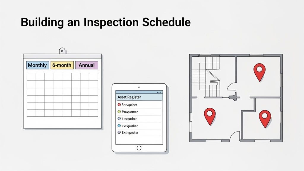 Visualizing inspection schedule building, asset register on a tablet, and fire extinguisher locations on a floor plan.