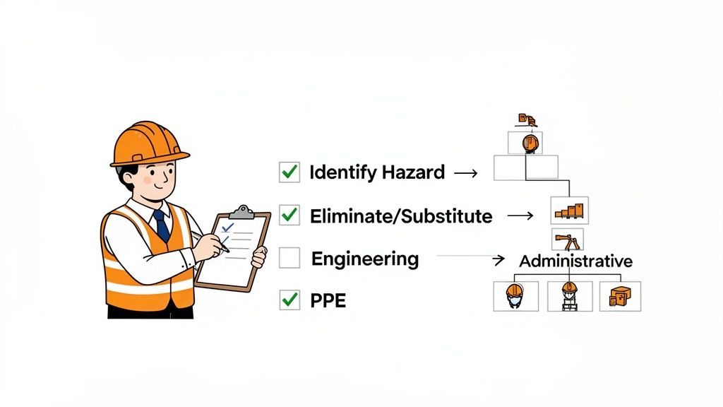 A construction worker next to a diagram of the hierarchy of hazard control measures.