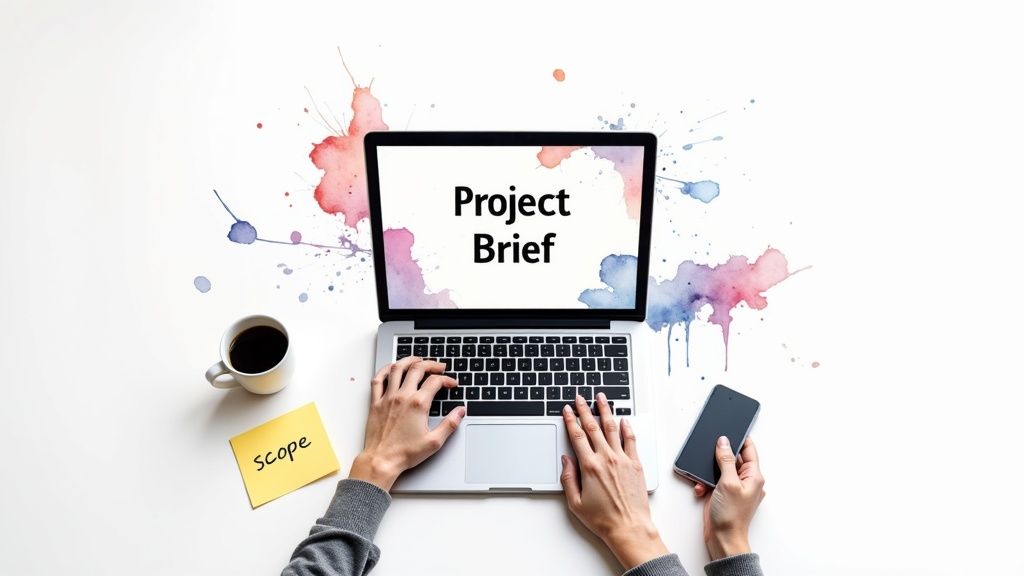 A person types on a laptop displaying 'Project Brief', surrounded by a coffee cup and sticky note.