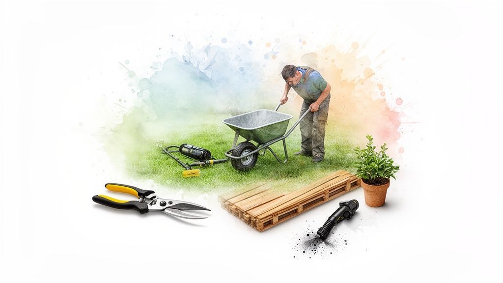 A man pushes a wheelbarrow on green grass, surrounded by various gardening tools and a plant.