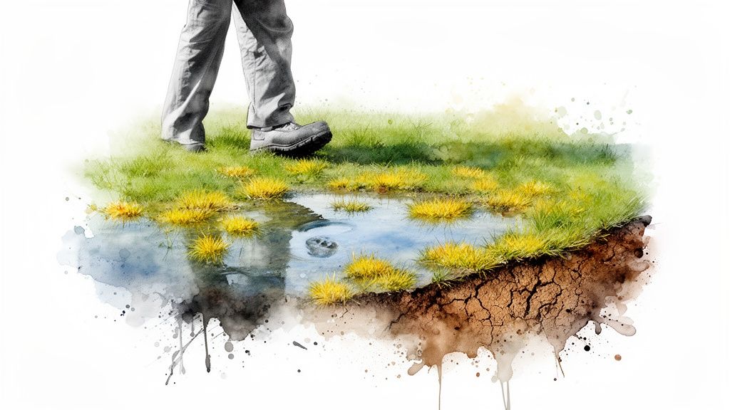 A person's boot stands beside a puddle on green grass, revealing a cross-section of dry, cracked soil.