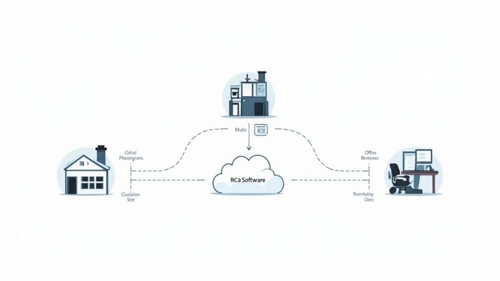Diagram showing a house, an office building, and a computer desk connected to an RCA Software cloud.