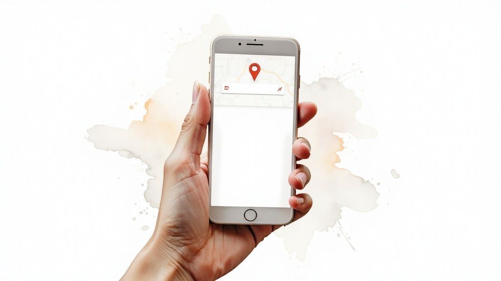 Hand holding smartphone displaying map application with red location pin marker on screen