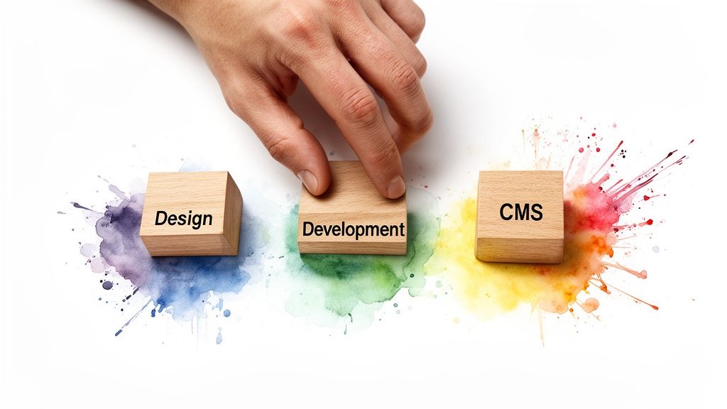 A hand places a 'Development' block between 'Design' and 'CMS' blocks, showing the web creation process.
