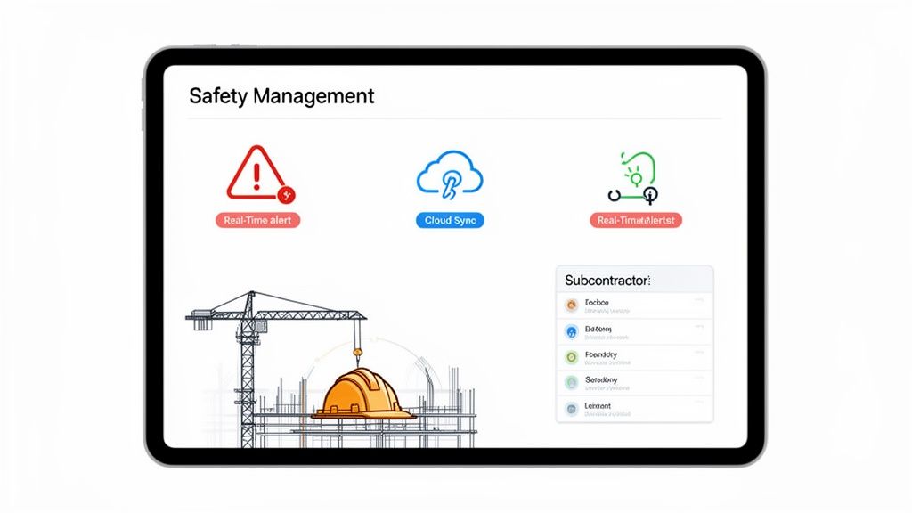 A tablet displays a safety management app for construction with real-time alerts, cloud sync, and subcontractor list.