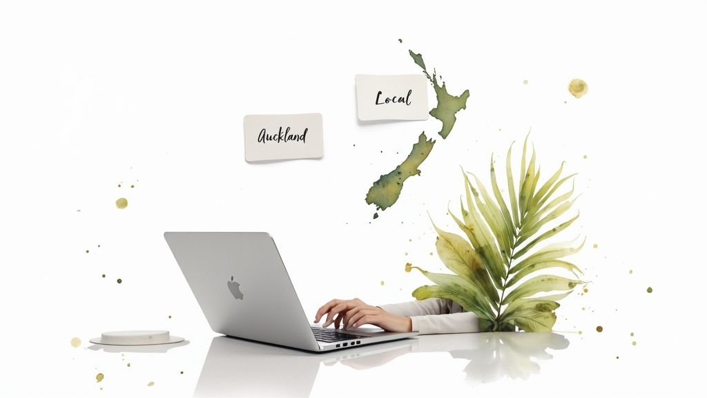Hands typing on a laptop, with a watercolor map of New Zealand, 'Auckland' and 'Local' notes, and green leaves.