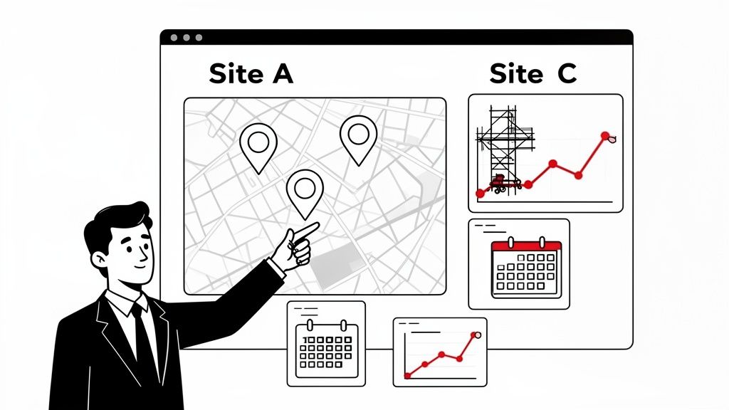 A businessman points at a digital dashboard displaying construction site locations, progress graphs, and project schedules.