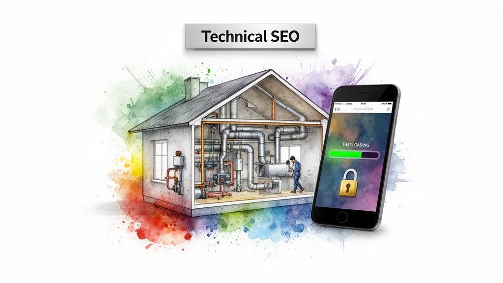 Illustration depicting Technical SEO: a house's complex internal systems with a worker, and a smartphone showing 'Fast Loading' and a lock icon.