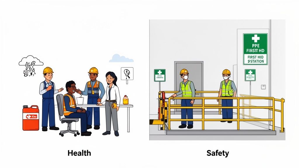 Illustration showing diverse workers discussing health, and other workers observing safety protocols with PPE and signs.