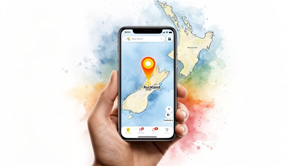 Hand holding a smartphone displaying a map of New Zealand with an orange location pin on Auckland, against a watercolor map background.