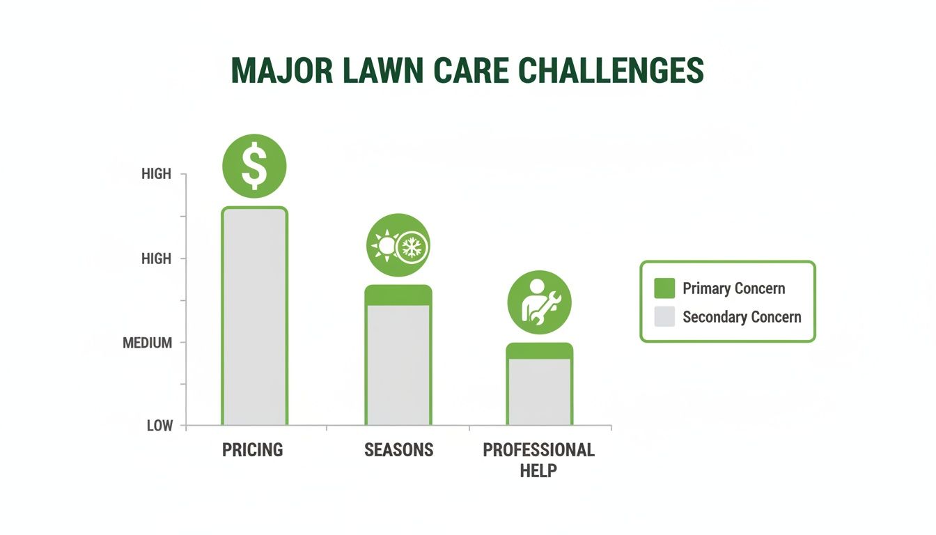 Bar chart illustrating major lawn care challenges: pricing, seasons, and professional help, by concern level.