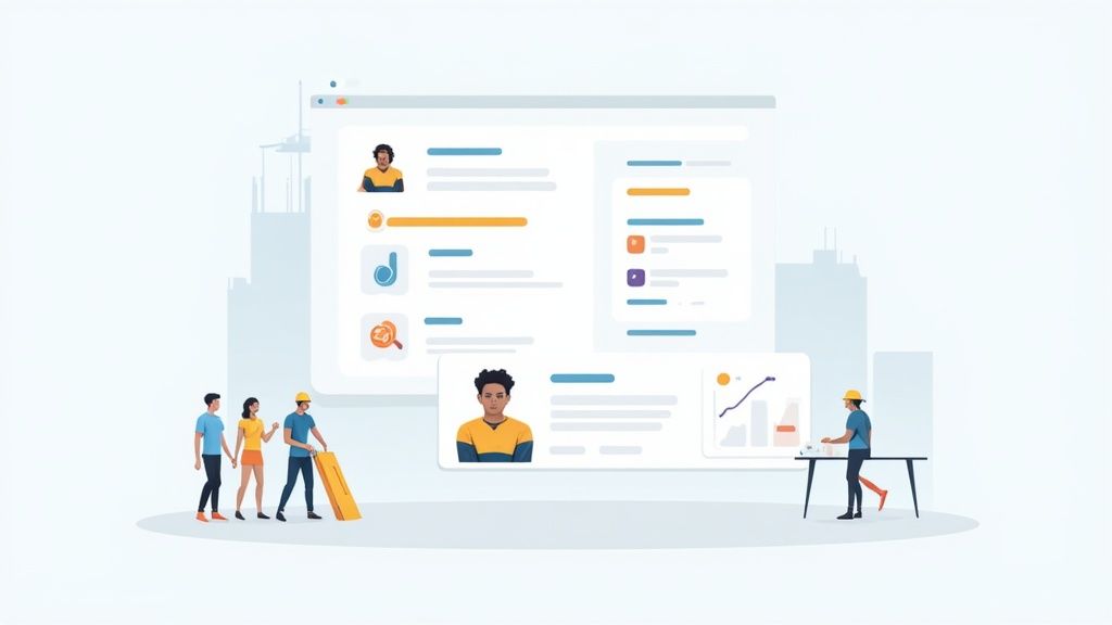 A construction worker using a tablet on-site, demonstrating the practical application of a digital risk management system.