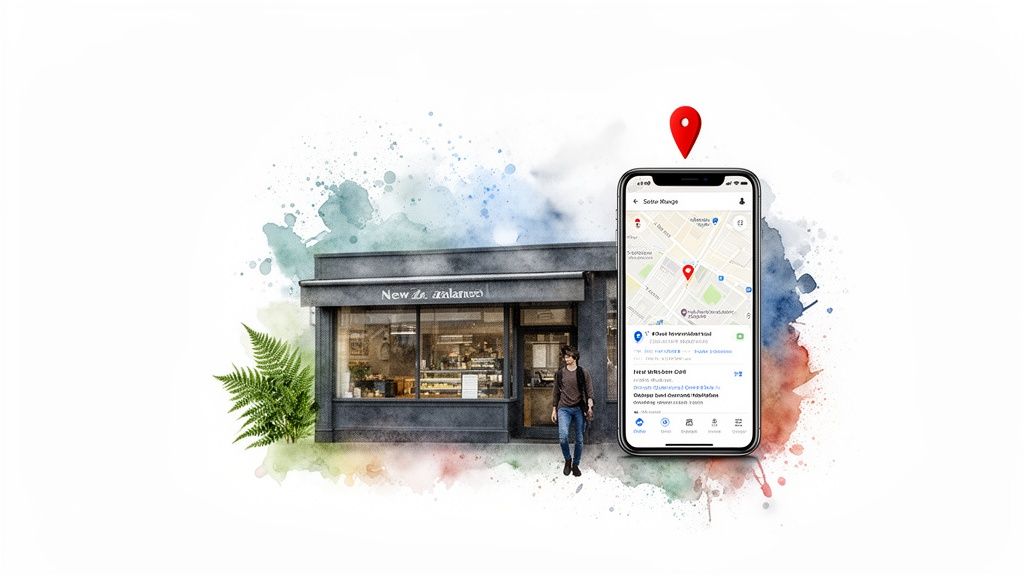 Man walking towards a storefront, viewing its map location on a smartphone with pins.