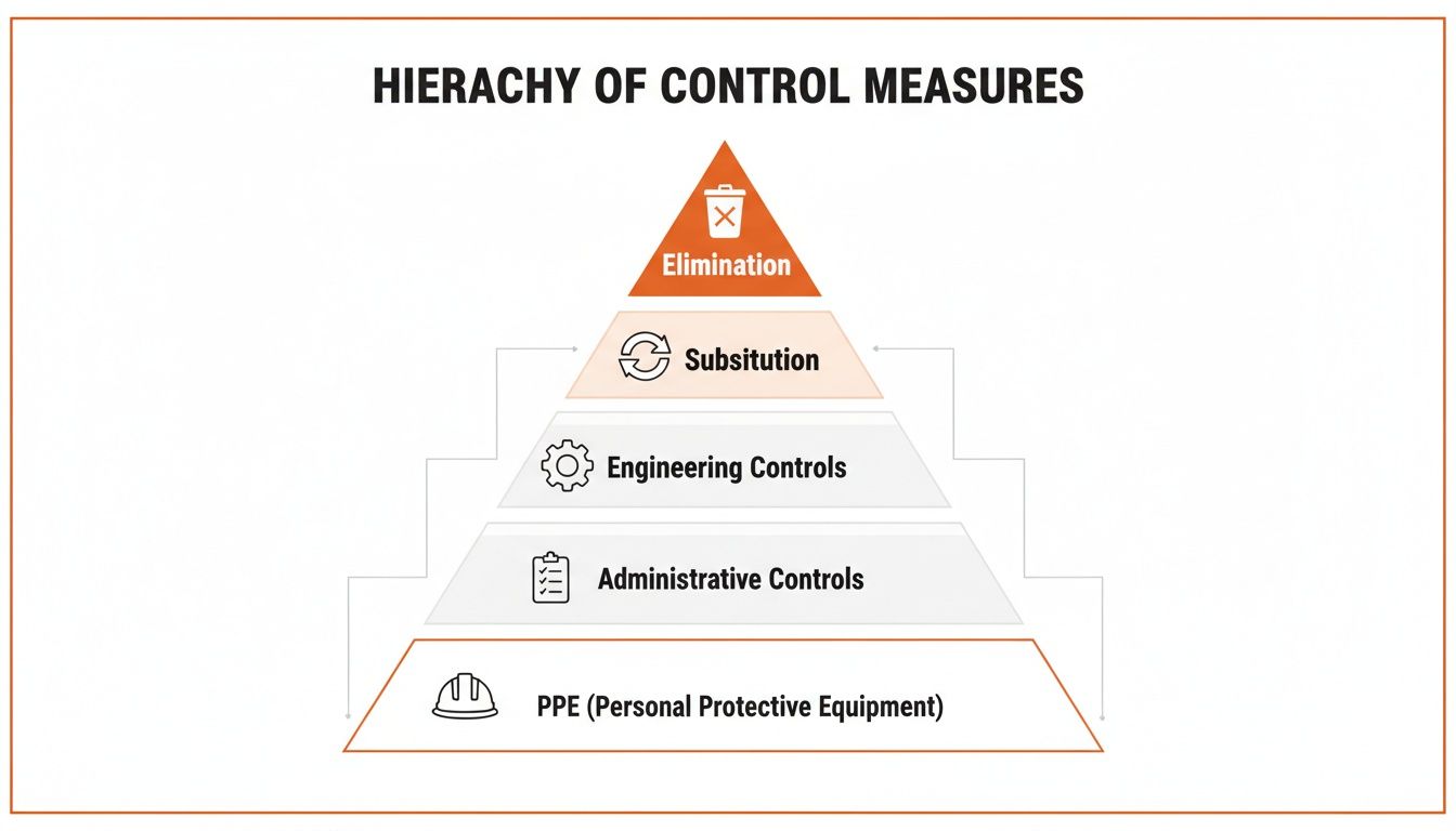 Pyramid diagram illustrating the Hierarchy of Control Measures, from Elimination at the top to PPE.