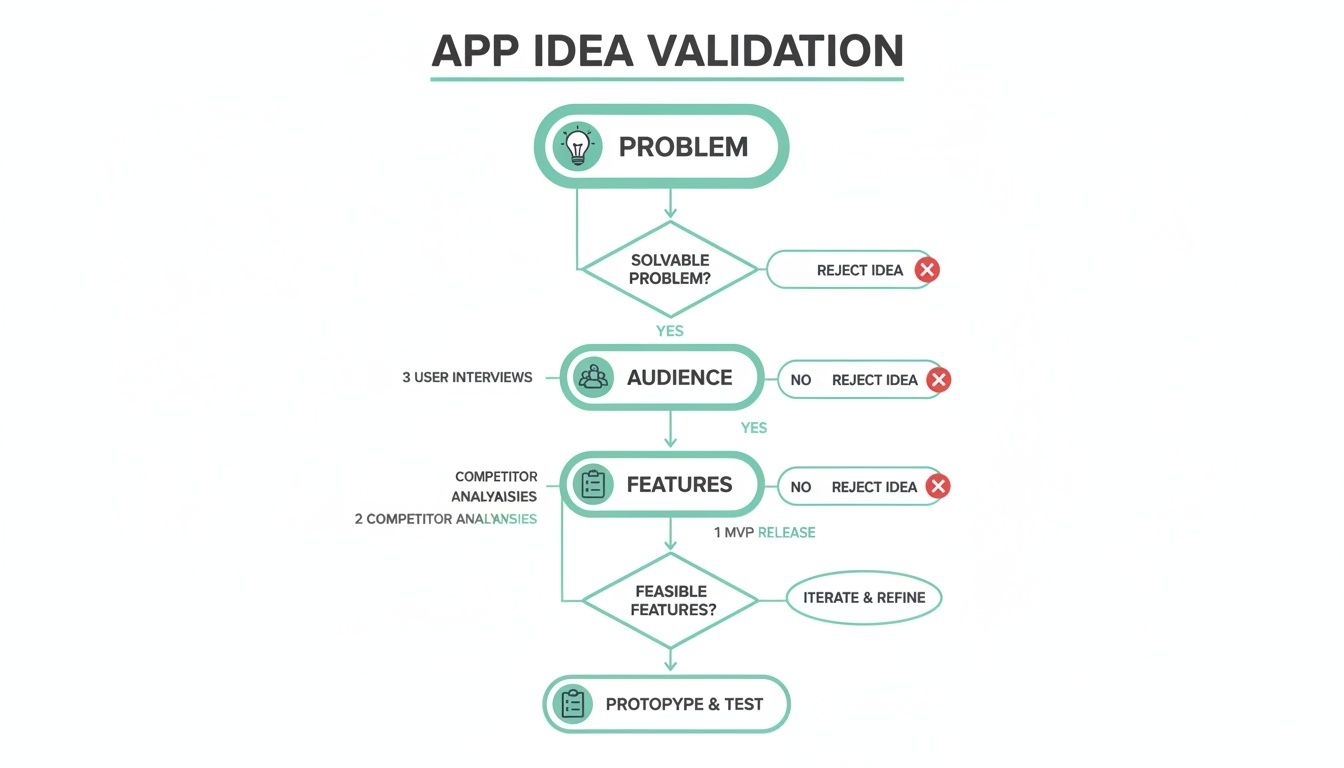 Flowchart outlining the app idea validation process, from problem identification to prototyping and testing.