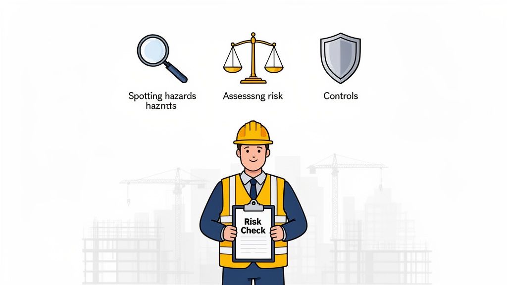 A cartoon construction worker holds a risk check clipboard, surrounded by icons for spotting hazards, assessing risk, and controls.