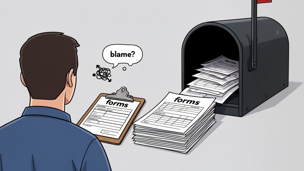 A person looks at a massive pile of forms next to an overflowing mailbox, thinking "blame?".