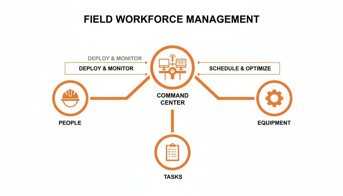 Diagram illustrating field workforce management, showing a central command center connecting people, equipment, and tasks for deployment and optimization.