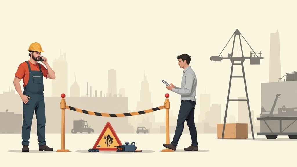 Construction worker on phone and man with tablet near a barrier and Bitcoin warning sign at a construction site.