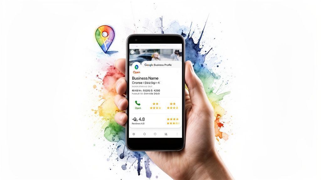 Hand holding a smartphone displaying a Google Business Profile with star ratings and a Google Maps pin.