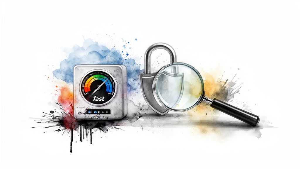 An illustration of a fast speed dial, a padlock, and a magnifying glass, symbolizing digital performance and security analysis.
