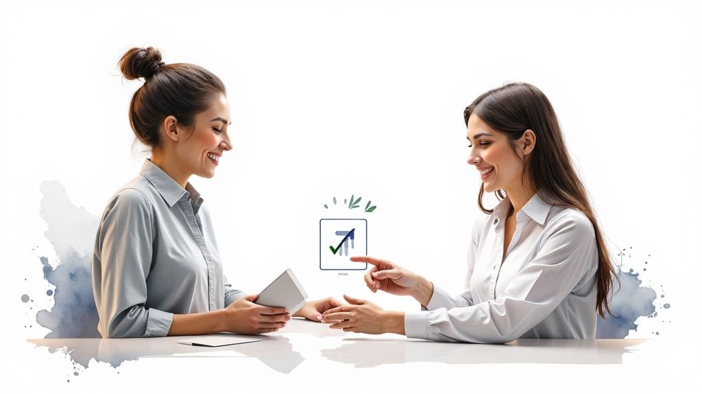 Two smiling businesswomen collaborating at a table, discussing data analysis with a chart icon.