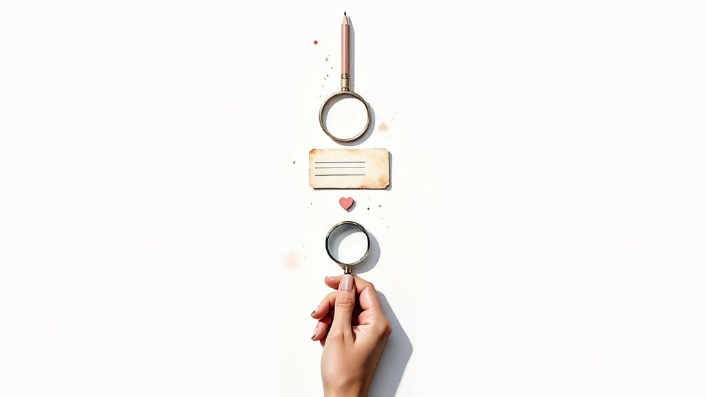 A creative flat lay with a pencil, two magnifying glasses, a blank card, and a pink heart.