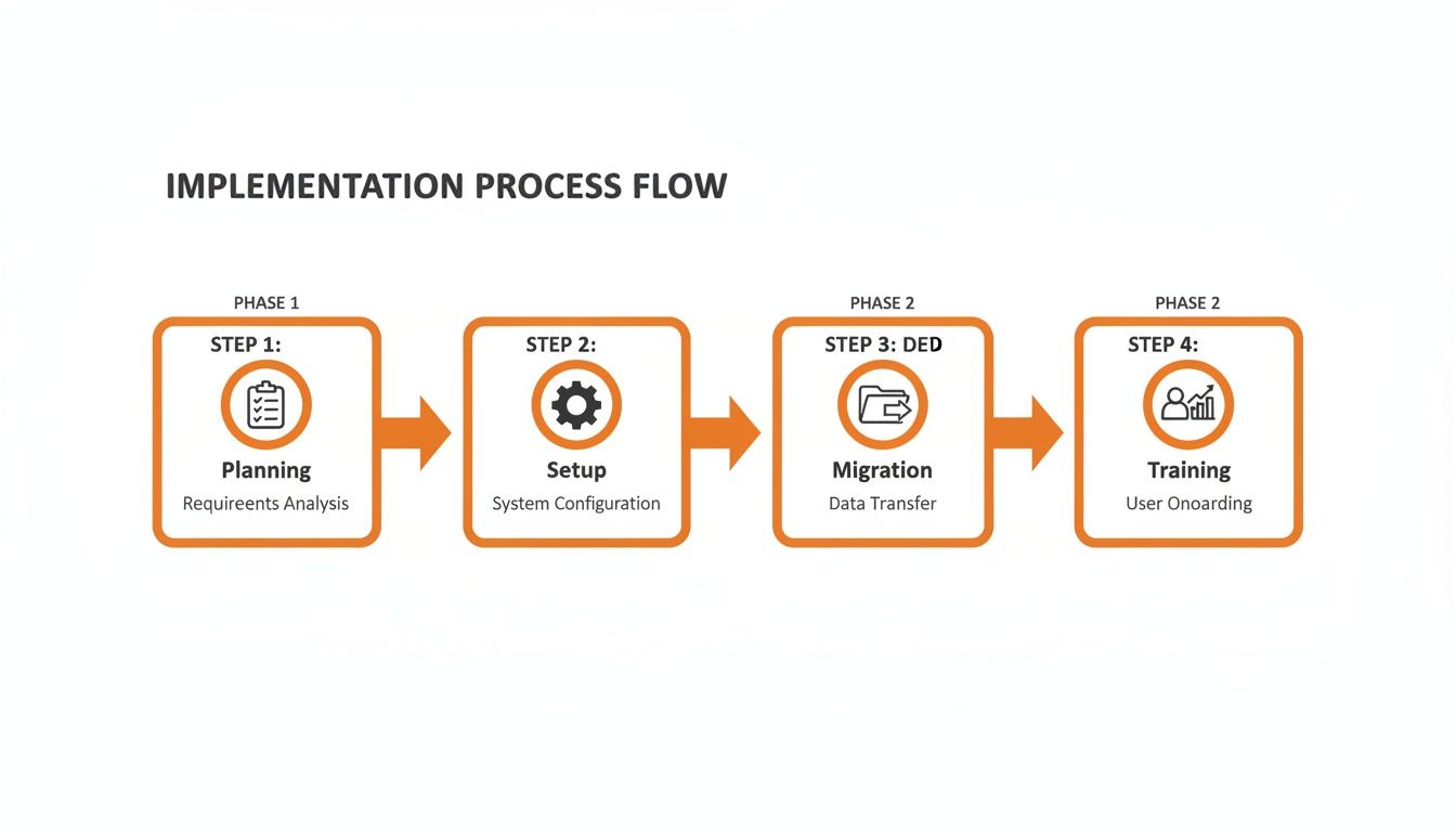 A flowchart detailing a four-step implementation process: Planning, Setup, Migration, and Training.
