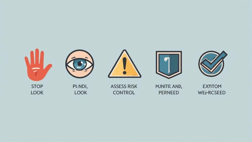 Two construction workers in high-visibility clothing and hard hats review plans on a worksite.