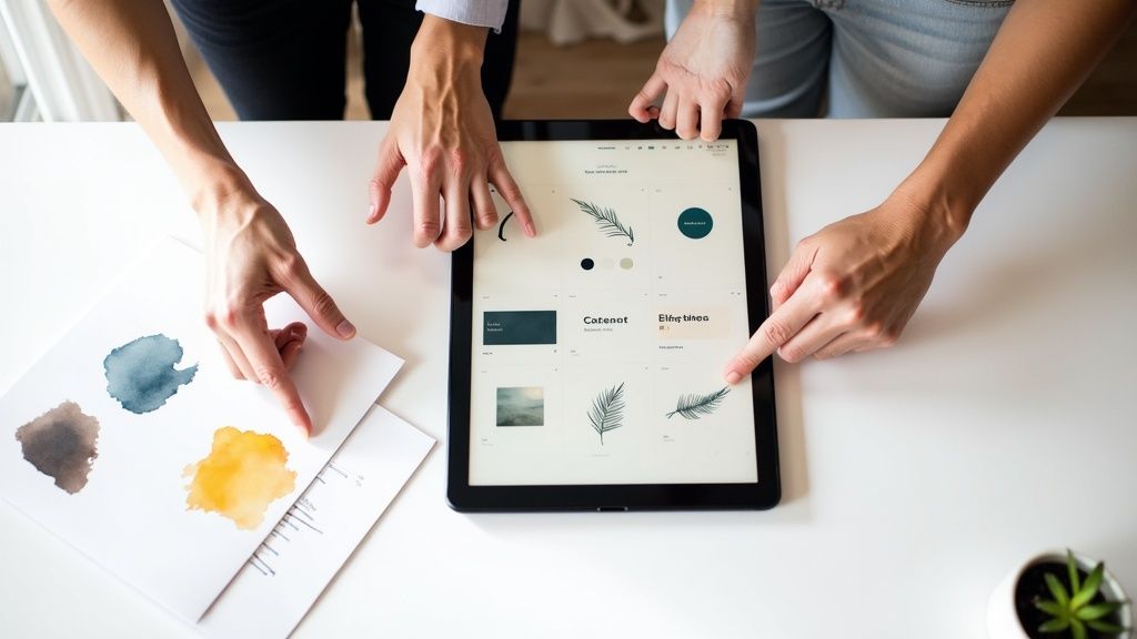 A designer presenting logo concepts on a tablet to a client in a bright, modern office.