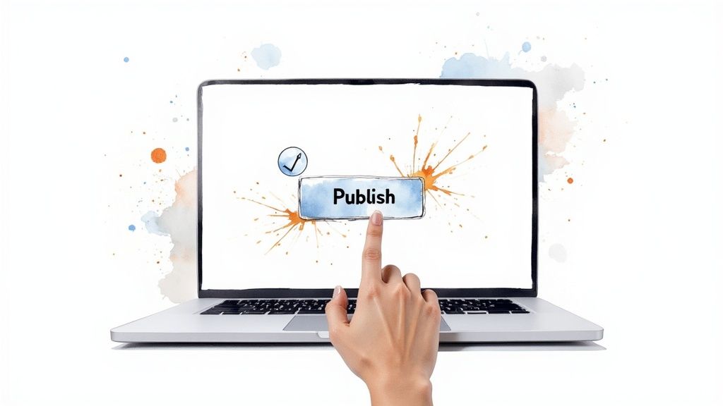 A hand taps a 'Publish' button on a laptop screen with watercolor splatters, signifying content publication.