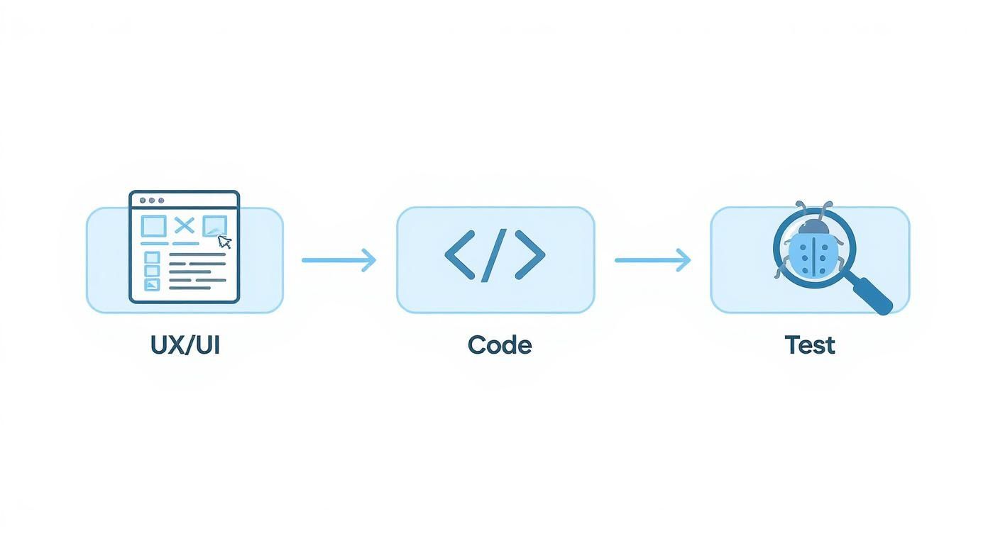 Diagram illustrating the website development process: UX/UI design, coding, and testing stages.