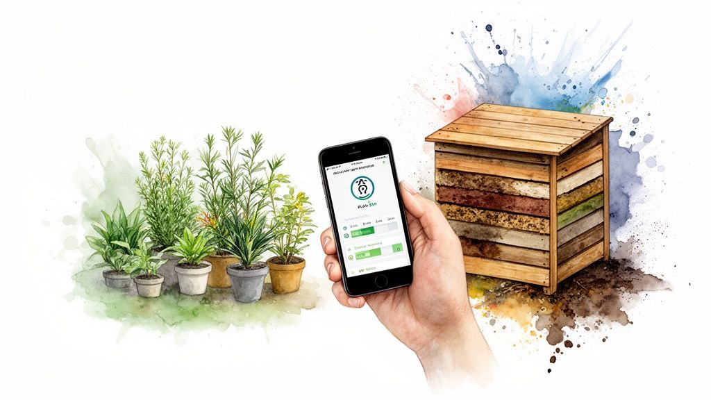 A hand holds a smartphone displaying a gardening app next to potted plants and a compost bin.