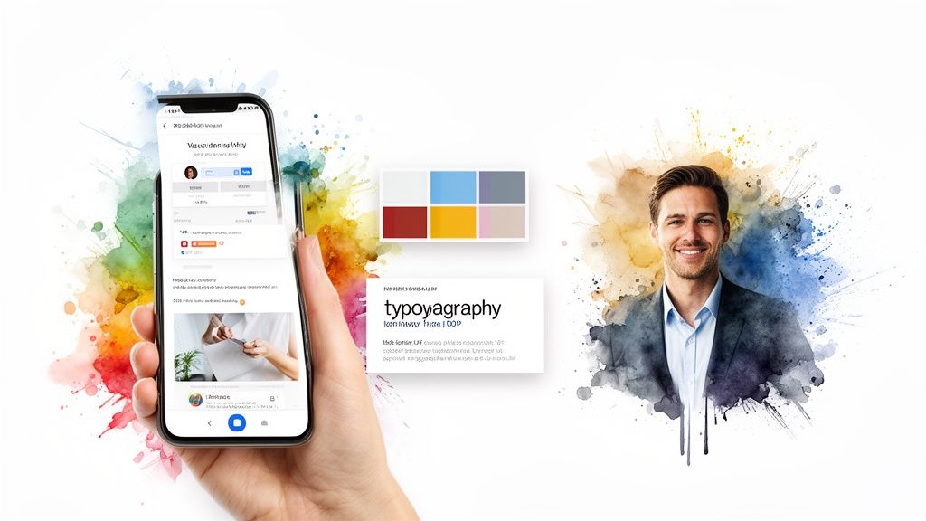 A hand holding a smartphone, with design elements: a color palette, typography card, and a smiling man.