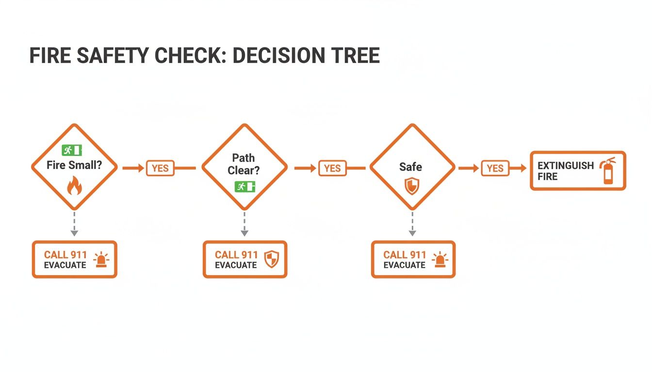 Decision tree flowchart illustrating fire safety checks and actions, including when to extinguish or evacuate.