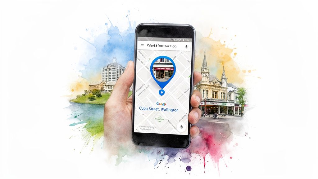 Hand holding a smartphone showing a Google Maps location for a store on Cuba Street, Wellington, among city buildings.