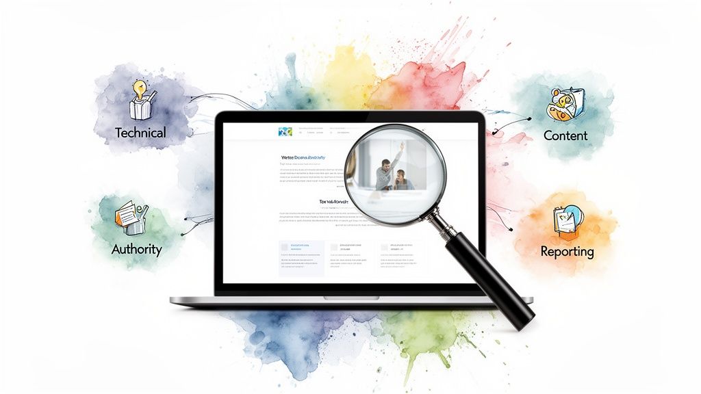 Laptop displaying website analysis with a magnifying glass, surrounded by icons for Technical, Content, Authority, and Reporting.
