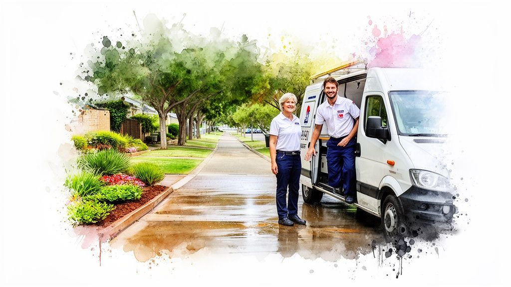 Smiling male and female handymen stand by their service van on a sunny residential street with lush gardens.