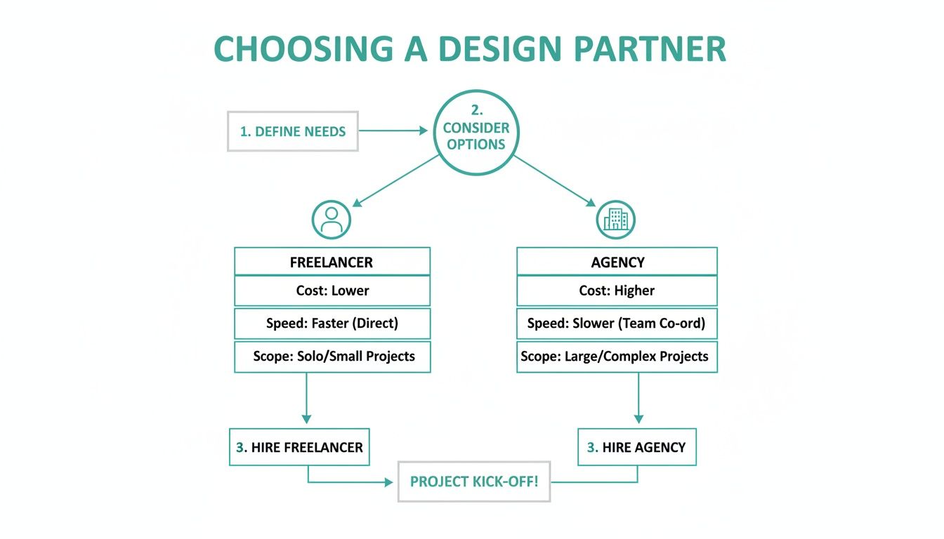 Flowchart outlining the process of choosing a design partner, comparing freelancers and agencies based on key factors.