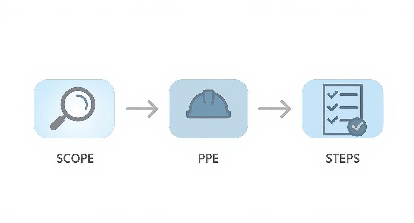 Three-step workflow diagram showing scope analysis, PPE equipment, and procedural steps checklist for safety procedures